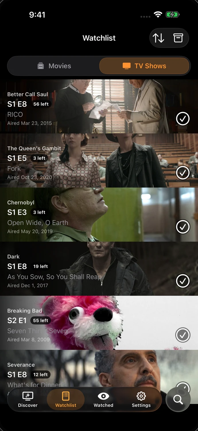 TallyTV shows next episodes for Better Call Saul, The Queen's Gambit, Chernobyl and Dark